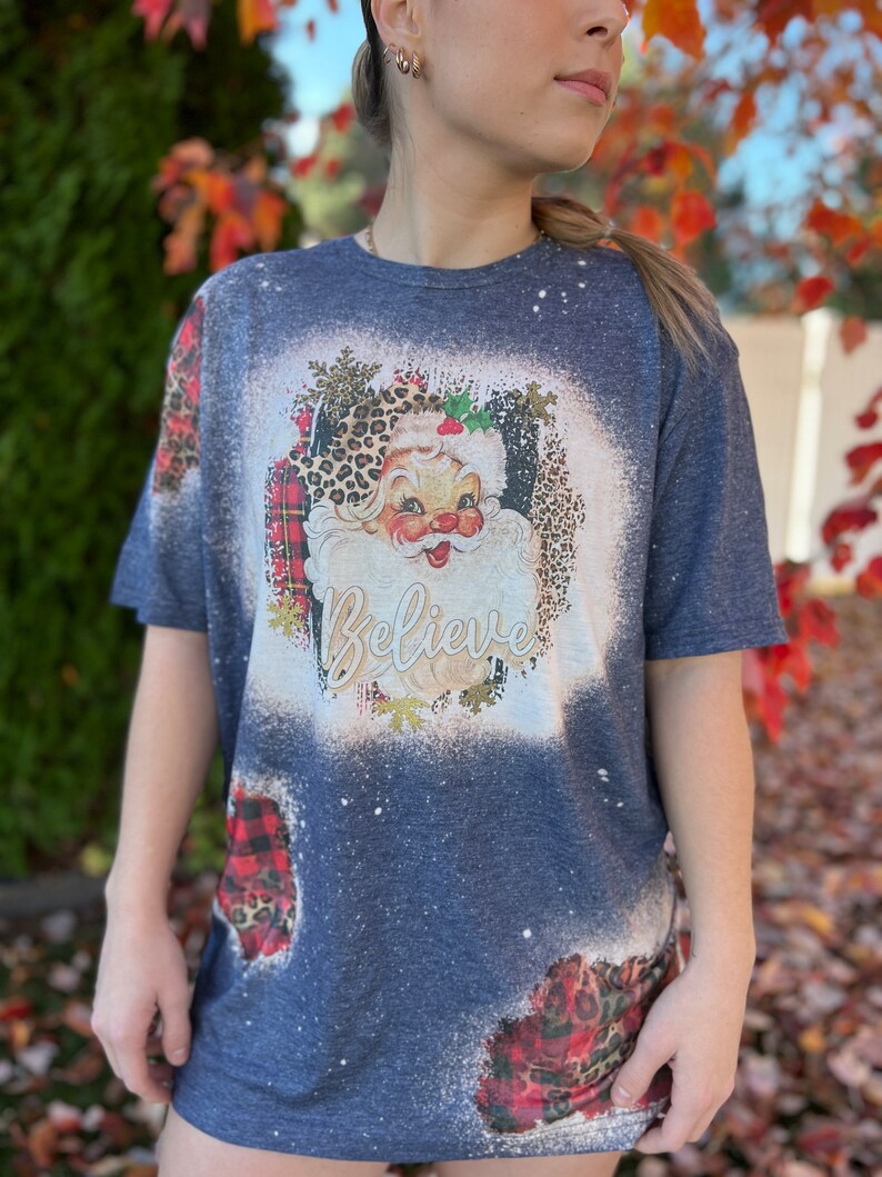Bleached Vintage Christmas Santa Claus Sweatshirt with Leopard and Plaid and Snowflake Sleeves image 1