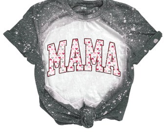 Bleached Out Tee - Mama Varsity Letters with Hearts - Valentine's Day Tee