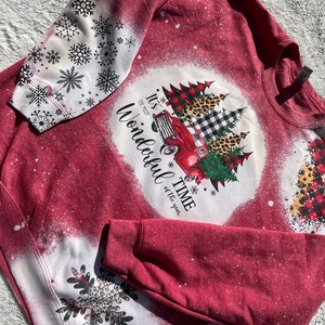 Bleached Vintage Christmas It's the Most Wonderful Time of the Year Sweatshirt with Red Truck Leopard and Plaid and Snowflake Sleeves image 5