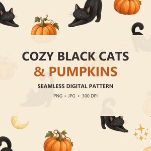 Black Cat Halloween Seamless Pattern, Cozy Pumpkin Digital Paper, Watercolor Kitty Repeat PNG JPG, Fabric Sublimation Design