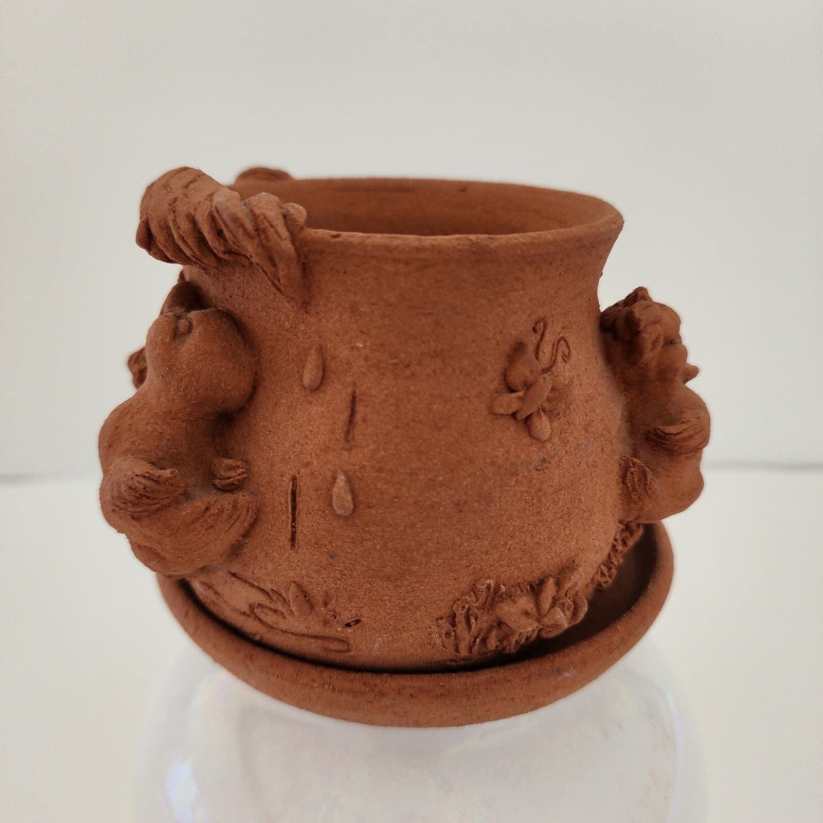 Vintage June Sears Signed Terracotta Pottery Rainy Day Ducks Pot With