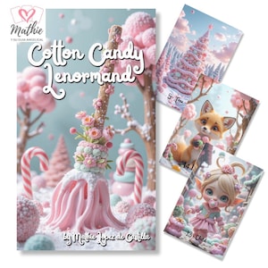 Puede incluir: Una baraja Cotton Candy Lenormand con un diseño caprichoso. La portada presenta una ilustración rosa y blanca con temática de dulces con el título. Se ven tres cartas, que muestran un árbol, un zorro y un niño. La baraja es de Mathie Lopez de Castilla.