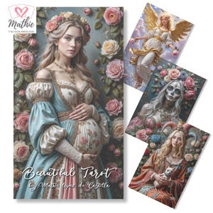 Puede incluir: Un mazo de cartas de tarot "Beautiful Tarot" con una mujer con un vestido floral, rodeada de rosas. Cartas adicionales representan ángeles y otras figuras. El mazo es de Mathie Lopez de Castilla.