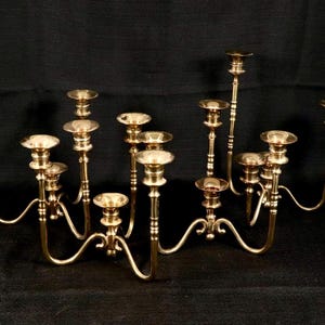 4 Vtg Brass Candelabra&#39;s, 3 Arm Tabletop Candlestick Holder Holds 4 Candles 7.5&quot;