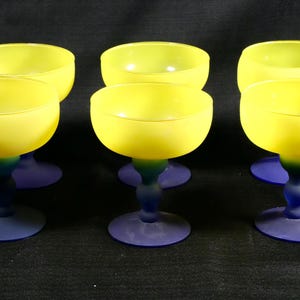 Set of 6 Frosted Yellow and Blue Stem Hand Blown Glass, Margarita Glasses, 12 oz