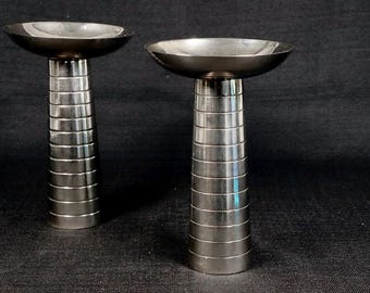 Two Vintage MCM Pillar Candle Holders, Heavy, possible Alpaca silver, European