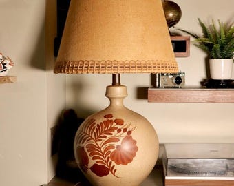 Vintage 60er - 70er Jahre Keramik Tischlampe handgemalte Blumen Boho MCM Light & Shade