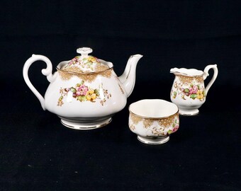 Vintage Royal Albert 'Lovelace' Teapot, Creamer & Sugar, Hand painted Flowers