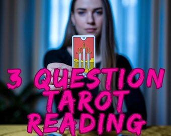 May include: A woman holds up a tarot card with the three of swords, a card that represents heartbreak, sorrow, and pain. The text "3 QUESTION TAROT READING" is in pink letters on the image.