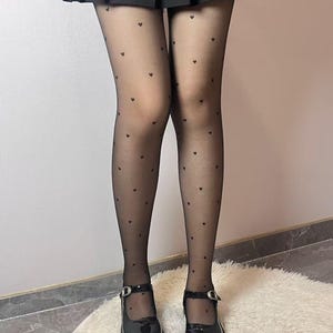 Heart Print Pantyhose Women, Sexy Sheer Tights, Black Love Mesh Stockings, Fashion Gift for Her