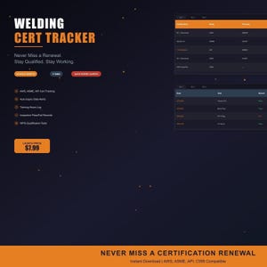May include: A digital interface for a welding certification tracker. The title "WELDING CERT TRACKER" is in white and orange. The interface includes features for AWS, ASME, API cert tracking, auto expiry date alerts, and more. The text "Never Miss a Renewal. Stay Qualified. Stay Working." is also visible.