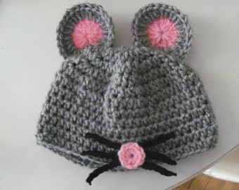 Baby hat. Gray mouse. Newborn to 3 months. Soft and cute.