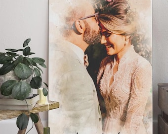 Personalized Wedding Canvas Print, Watercolor Couple Portrait, Anniversary Gift