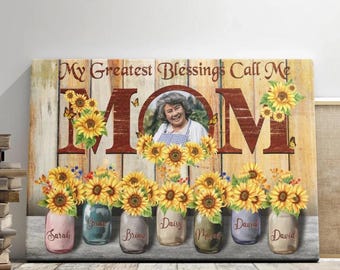 Personalized Mom Canvas: Sunflower Mason Jars, Custom Photo & Names