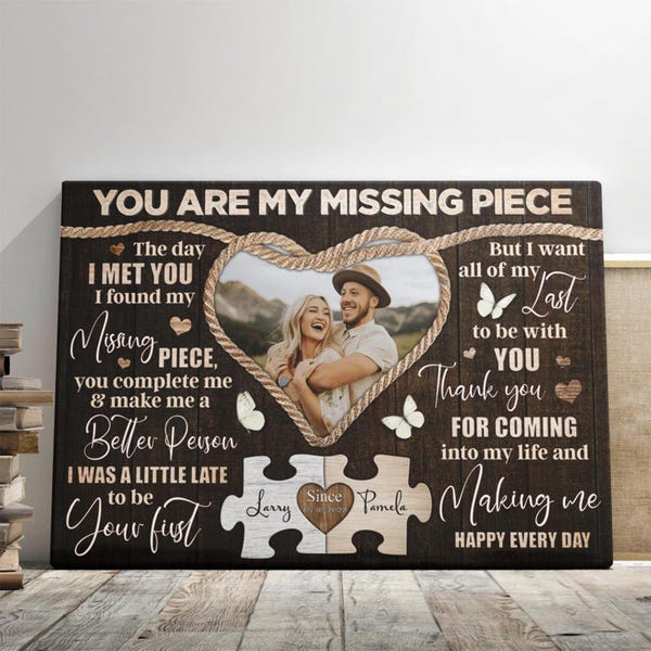 Lienzo personalizado para pareja, foto y nombre personalizados, "Eres mi pieza perdida", regalos de aniversario, boda y compromiso para pareja.