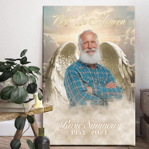 Personalized Memorial Canvas “Rest in Heaven” – Custom Angel Wings Photo Tribute with Name & Dates | Remembrance Gift for Loss of Loved One