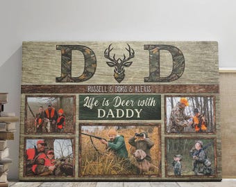 Personalized Hunting Canvas for Dad – “Life is Deer with Daddy” Custom Photo Collage Gift – Camo Rustic Wall Art for Father's Day, Birthday