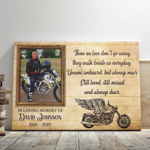 Personalized Motorcycle Memorial Canvas – “In Loving Memory” Custom Photo & Name Tribute | Memorial Gift for Biker Loved One, Bike Riding