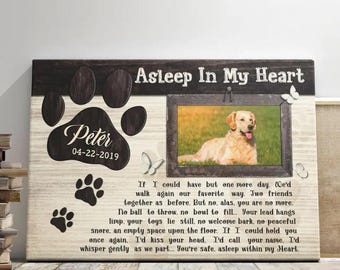 May include: A wooden memorial plaque with a photo of a golden retriever. The plaque includes a paw print design, the name "Peter" and the date "04-22-2019". The text "Asleep In My Heart" is at the top, with a poem below.