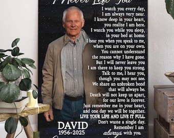 May include: A black and white photo of a man with a white background and a blue starry sky. The text reads "I Never Left You" and "David 1956-2025" with a poem about love and loss.