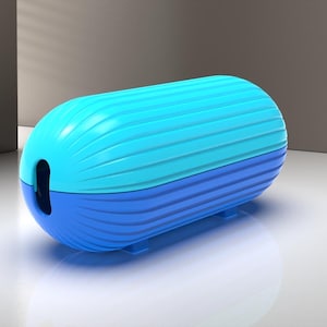 May include: A blue and light blue plastic container with a ribbed texture. The container is shaped like a capsule.
