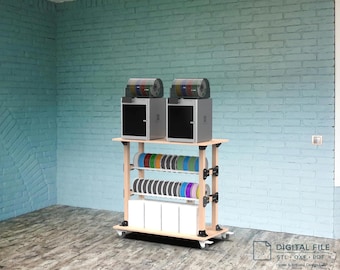 Tavolo per stampante 3D sottodimensionato con due ripiani per rotoli di filamento – File STL, DXF, PDF + istruzioni di montaggio