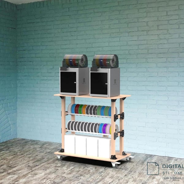 Tavolo per stampante 3D sottodimensionato con due ripiani per rotoli di filamento – File STL, DXF, PDF + istruzioni di montaggio