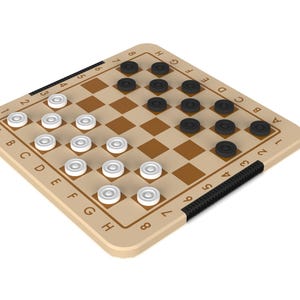 May include: A wooden checkerboard game with black and white counters. The board is labelled with numbers 1 to 8 and letters A to H. The counters are arranged in a pattern on the board.