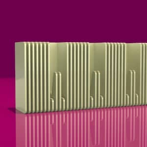 May include: A beige, rectangular, decorative wall panel with a vertical, striped pattern. The panel is made of multiple pieces that are joined together.