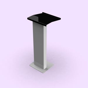 May include: A silver podium with a black top surface. The podium is a modern design with a rectangular base and a tall, slender column.