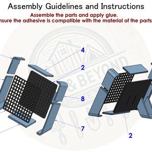 May include: Diagram showing how to assemble a blue and black metal stand with nine numbered parts. The stand has a grid pattern on the front and back. The text on the diagram reads "Assembly Guidelines and Instructions. Assemble the parts and apply glue. Ensure the adhesive is compatible with the material of the parts."