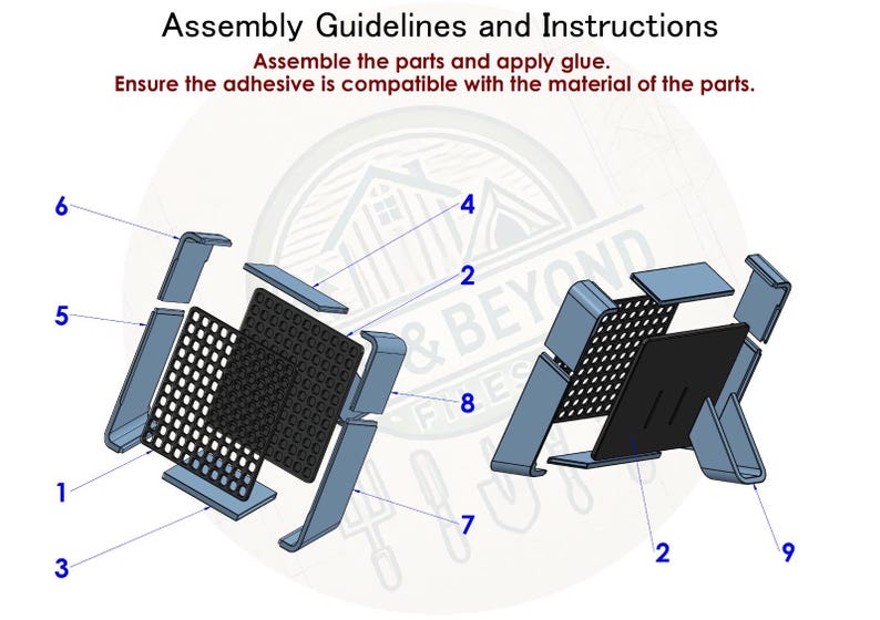 May include: Diagram showing how to assemble a blue and black metal stand with nine numbered parts. The stand has a grid pattern on the front and back. The text on the diagram reads "Assembly Guidelines and Instructions. Assemble the parts and apply glue. Ensure the adhesive is compatible with the material of the parts."