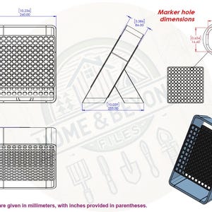 May include: A technical drawing of a square metal plate with a grid of holes. The drawing includes dimensions in inches and millimeters. The text "Marker hole dimensions" is included in the drawing.