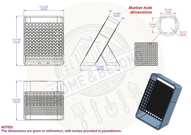 May include: A technical drawing of a square metal plate with a grid of holes. The drawing includes dimensions in inches and millimeters. The text "Marker hole dimensions" is included in the drawing.