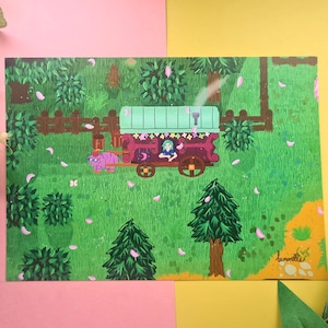 トラベルカート - スターデューバレー ビデオゲームにインスパイアされた自然風景アートプリント A4/A5