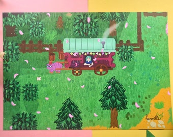 Travelling Cart - Stardew Valley Video Game Inspired Nature Landscape Art Print A4/A5