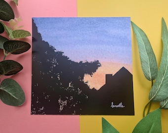 Suburban Sunset Print: Gouache Landscape Wall Art (21/29.7cm)