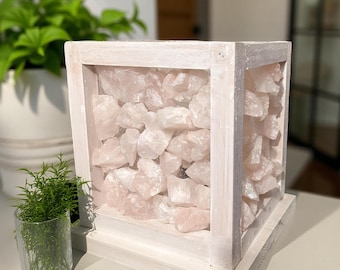Handmade Raw Quartz Crystal Lamp – Rustic Wood Bedside Light
