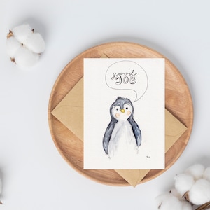 Pingüino "Buen trabajo" - Acuarela A6 pintada a mano como impresión artística