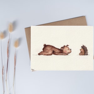 Lindo oso con erizo A6 acuarela pintada a mano como impresión de bellas artes