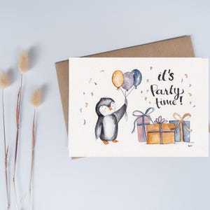Verjaardagskaart "Penguin Its Party time" A6 aquarel handgeschilderd als fine art print