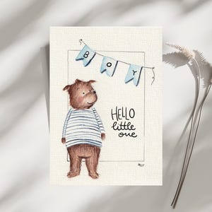 Biglietto di auguri di nascita con l'orso "è un maschio" - formato A6, acquerello dipinto a mano come stampa fine art