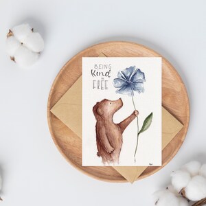Oso "Ser amable es gratis" Acuarela A6 pintada a mano como impresión artística