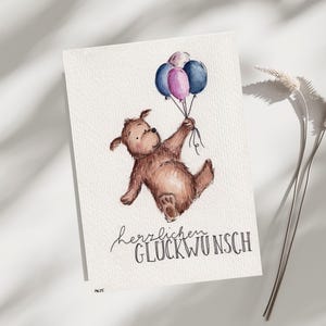 Carte d'anniversaire « Ours - félicitations » A6 aquarelle peinte à la main comme impression d'art
