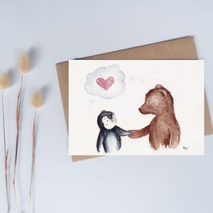 Postal acuarela DIN A6 oso pingüino con osito