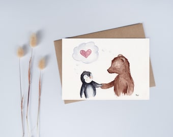 Watercolor card with bear and penguin | Hand-painted, personalized greeting card | Fine art print A6 | Birthday, friendship, thank you | Hahnemühle |