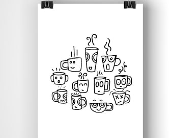 Coffee Mugs print / Black and White / 8" x 10"