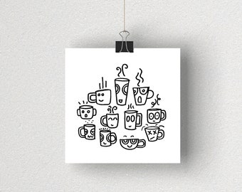 Coffee Mugs print / Black and white / 5" x 5"