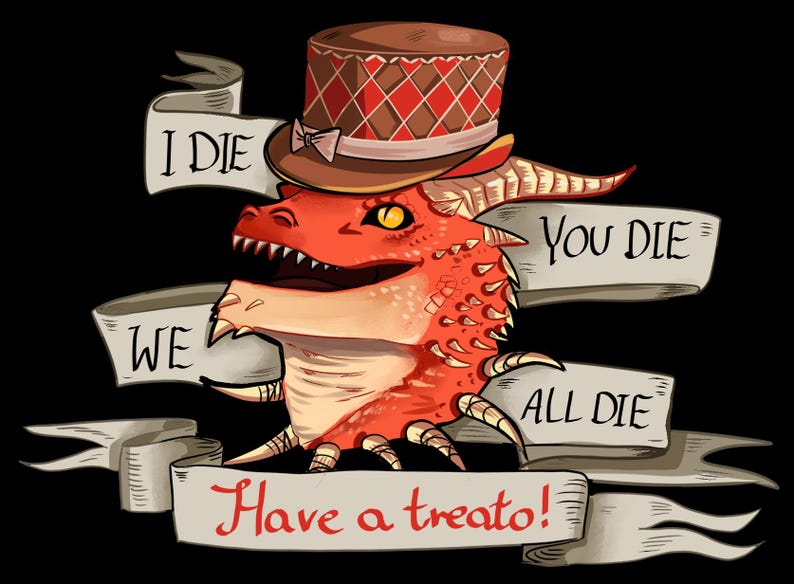 Może przedstawiać: Czerwony kresk&oacute;wkowy smok w brązowym i czerwonym cylindrze z białą kokardką. Smok ma zębaty uśmiech i jest otoczony przez banery z napisami: "Ja umieram", "Ty umierasz", "My wszyscy umieramy" i "Weź smakołyk!"