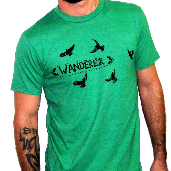 Men's Green 'Wanderer Crows' Screen Printed Tshirt, ScreenPrint, Graphic Tshirt, Surf Kelly Green, Eco Fashion, Blackbirds Crow Raven Bird